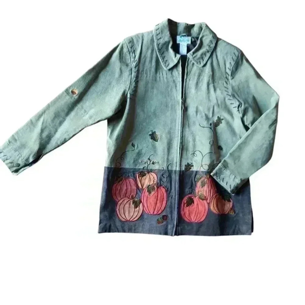 Suede Fall Autumn Leaves Pumpkin Embroidered Full Zip Leather Jacket